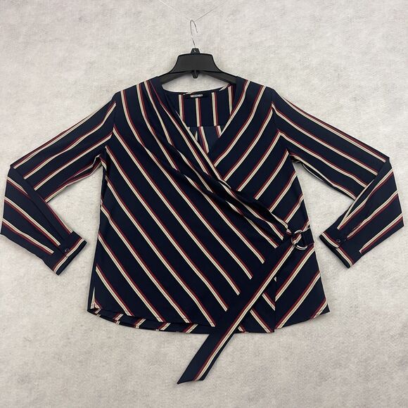 Misguided Blouse Womens Size 10 Striped V Neck Surplice Wrap Long Sleeve Top - Picture 4 of 12